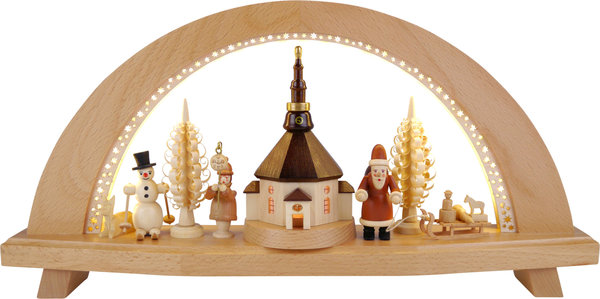 Schwibbogen LED Beleuchtung im Sternenhimmel, Seiffener Kirche beleuchtet, Weihnachtsmann